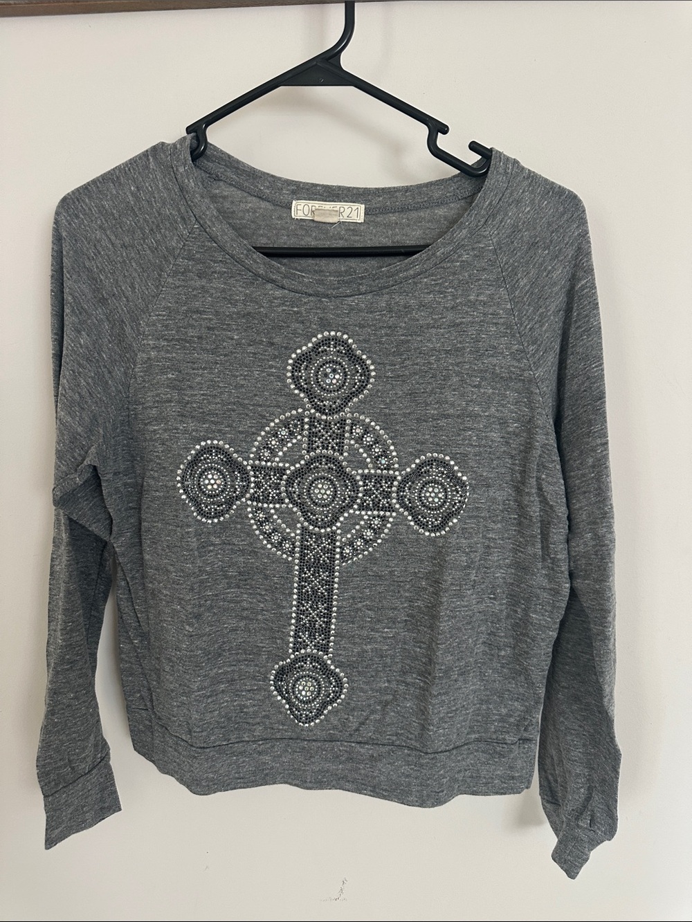 Y2K Forever 21 Gray Rhinestone Cross Pullover